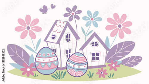 Easter eggs and spring flowers with cute houses vector illustration design for holiday season 100