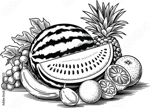 Tropical Fruit Slice Illustration, Watermelon, Citrus, Banana & Pineapple Vector.


