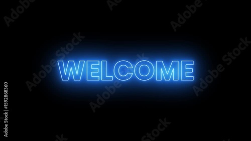 Welcome 4k Animation, Glowing Blue Neon Text Welcome Icon Animation on Black Background, Neon Sign Welcome