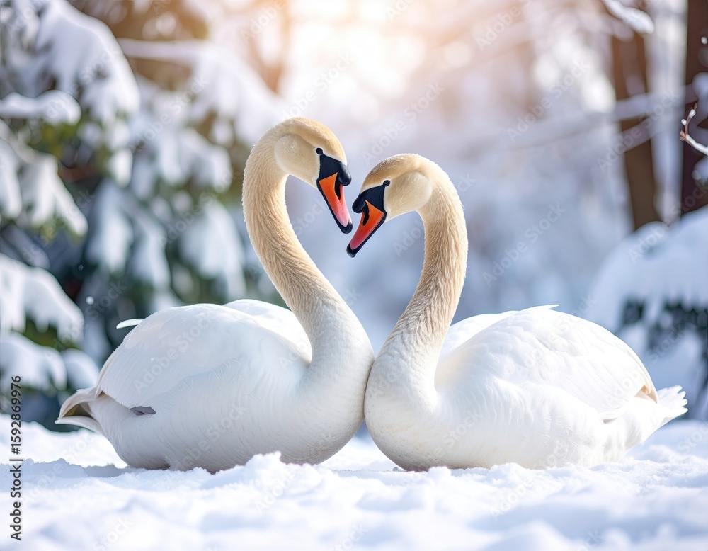 Fototapeta premium Two swans in a snowy forest, forming a heart shape with their necks