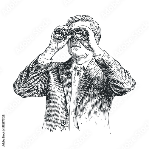 Man using binoculars to observe distant landscapes or events
