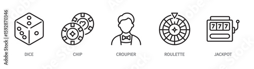 Casino line icon set. Dice, chip, croupier, roulette, jackpot, gambling game sign. Vector illustration. Editable stroke. Flat design. Isolated on a white background.