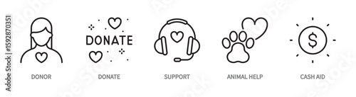 Charity line icon set. Donor, donate, volunteer, support, animal help, cash aid sign. Vector illustration. Editable stroke. Flat design. Isolated on a white background.