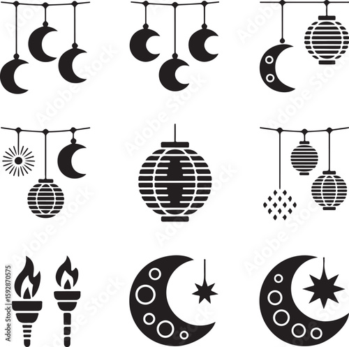 Lanterns, Moon, and Star Decorations Icons Set