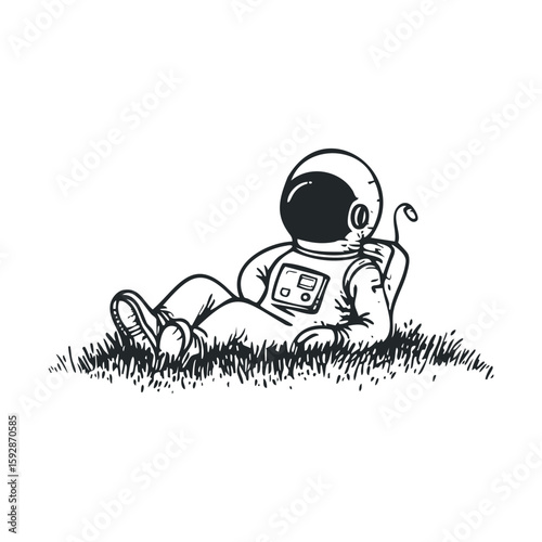 Relaxing astronaut in a grassy field under a clear sky