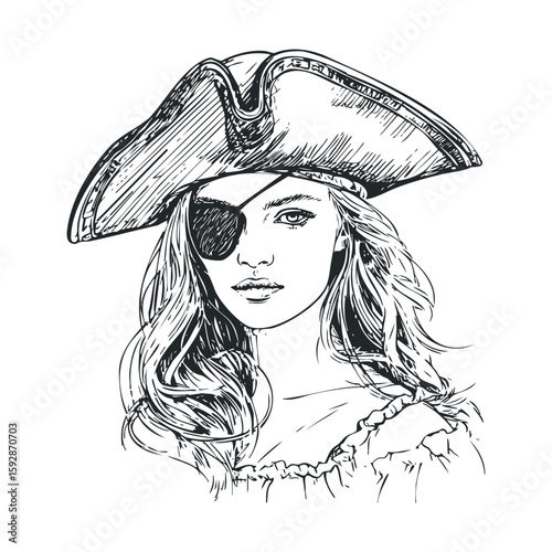 Captivating pirate woman wearing a hat and eye patch