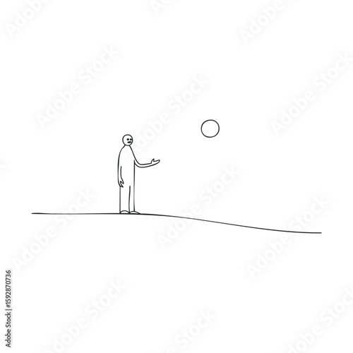 Lonely figure reaching towards the sun in an empty landscape