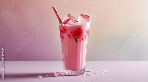 Bandung (Malaysia/Singapore)
A tall glass of pink Bandung (rose syrup milk) with silky ice, captured against a soft pastel background to enhance the drink's vibrant color.