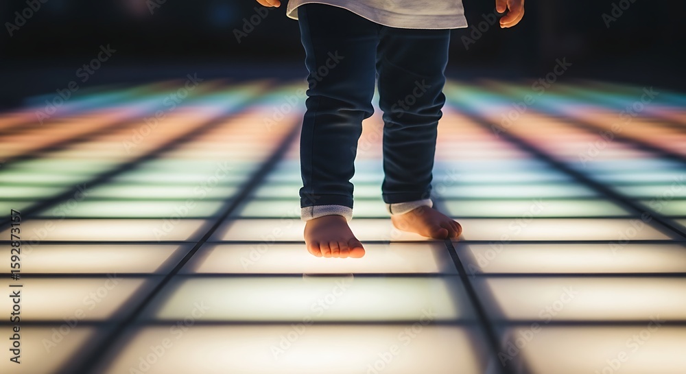 Fototapeta premium Child's Bare Feet on Illuminating Dance Floor, Experiencing Light and Color, Exploring the Sensation of Light: A Young Child's First Steps on a Glowing Floor