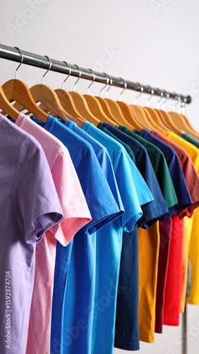 Row of colorful t-shirts on a clothes rail