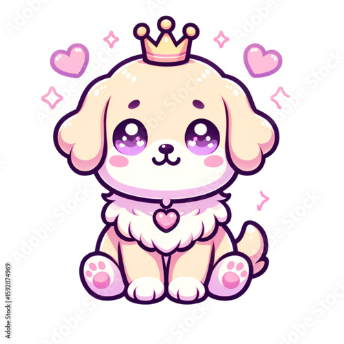 Kawaii Puppy Princess: An adorable cartoon puppy princess, radiating charm, sits gracefully, adorned with a delicate crown, and surrounded by hearts and sparkles