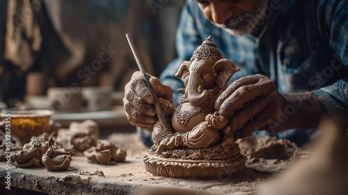 Mature asian male sculptor crafting detailed clay ganesha statue in workshop