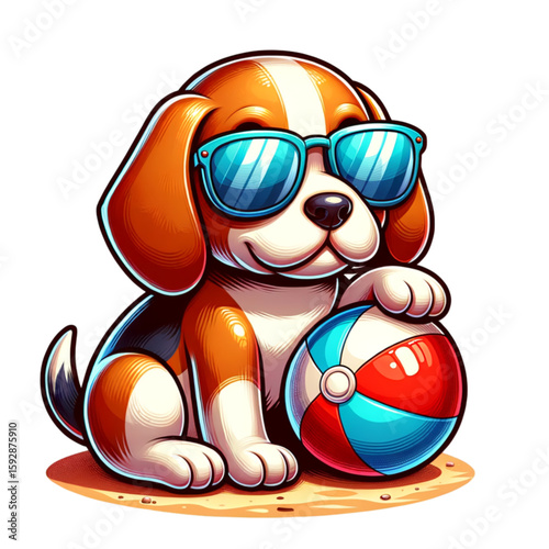Sun-Kissed Beagle: A charming beagle pup sporting cool sunglasses, happily clutching a vibrant beach ball. A moment of pure summer fun.