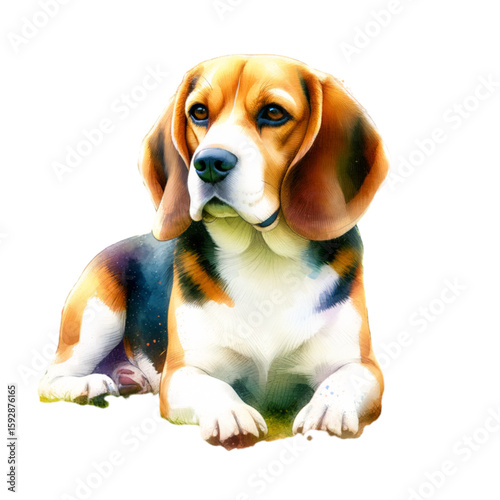 Beagle Resting: A serene beagle lies peacefully, its tri-colored coat and soulful eyes capturing the essence of canine tranquility, with a classic and vibrant painting style.