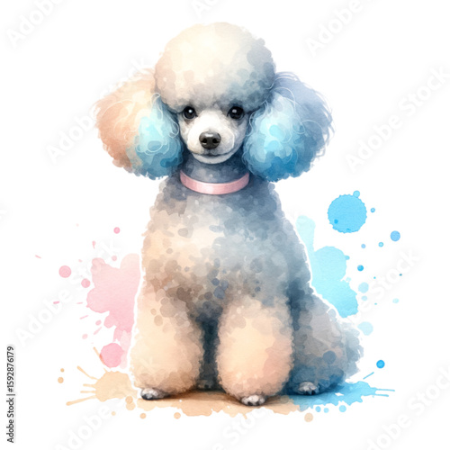 Elegant Poodle with Pastel Hues: A sophisticated poodle portrait, showcasing delicate watercolor style and vibrant pastel highlights, emanating charm and artistic flair.
