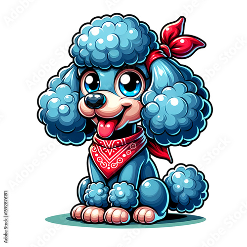 Playful Poodle Portrait: An adorable cartoon poodle, adorned with a stylish bandana and bow, exuding cuteness and charm. Capturing the essence of pet companionship.