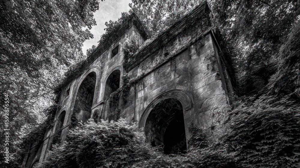 Fototapeta premium Ruined building in overgrown forest