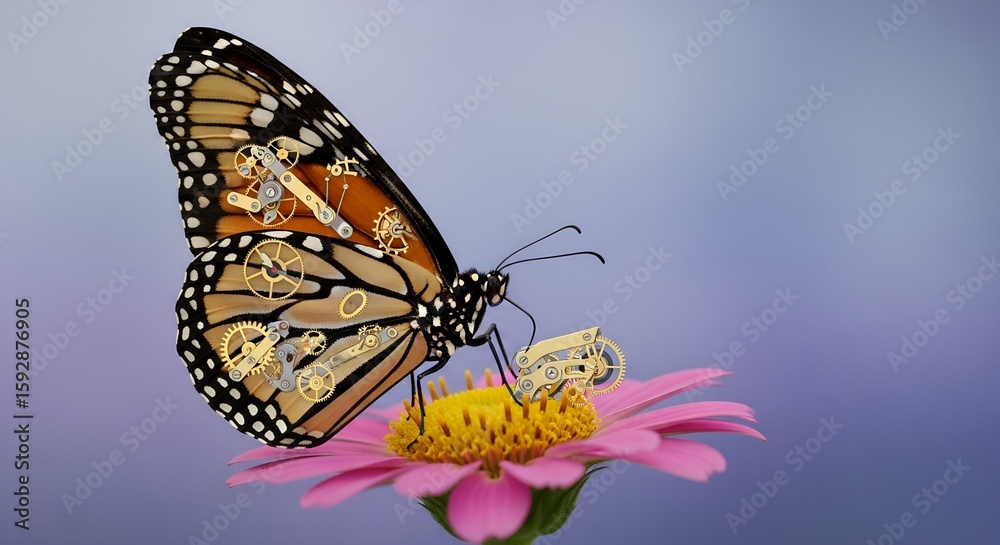 Fototapeta premium A unique monarch 'Clockwork Butterfly' with golden gears and mechanisms integrated into its vibrant wings, delicately perched on a pink flower, highlighting 'The Art of Observation'.
