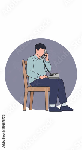 A man seated on a chair is using a vintage telephone, talking.