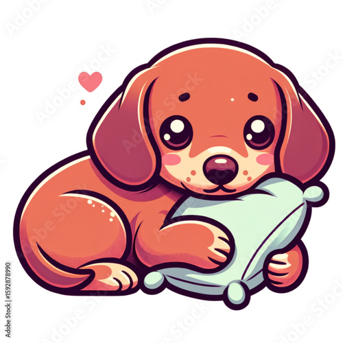 Cute Dachshund with Pillow: An adorable dachshund puppy snuggles a soft pillow, exuding charm and cuddliness, with heart symbolizing love, and charm. Perfect for projects related to pets, comfort.