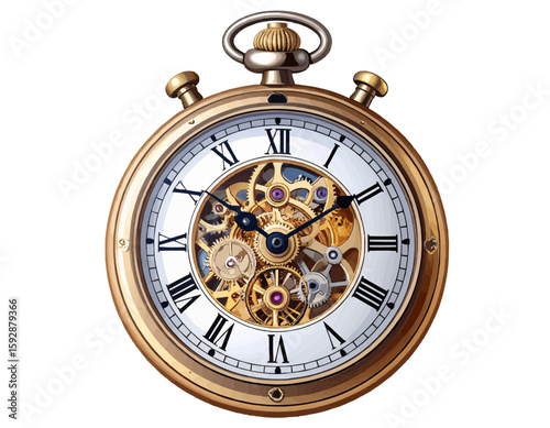 Close up of a golden pocket watch with visible gears and roman numerals on a white background