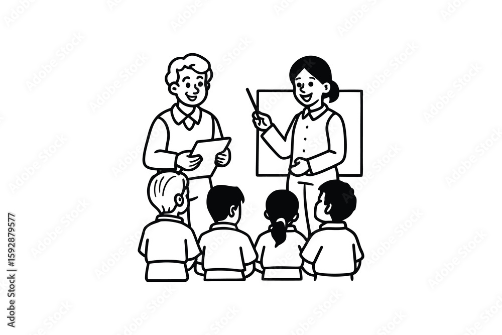 Teachers Giving a Lesson to Students in a Classroom Setting Black and White Silhouette Teachers Giving a Lesson to Students in a Classroom Setting Black and White Silhouette