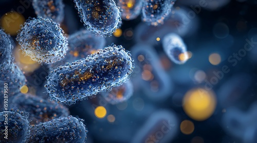A vibrant macro illustration of a blue DNA pattern with a cell-like design and a hint of holiday light decoration