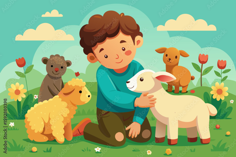 Fototapeta premium Boy arranging toy animals by size