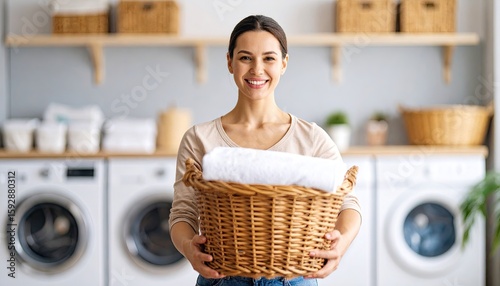 Woman holding laundry basket in a modern laundry room