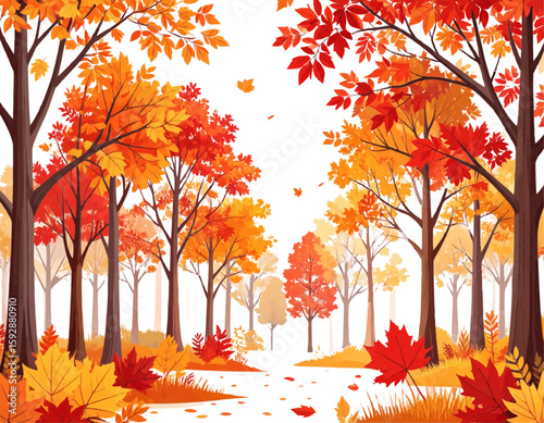 Illustration of a forest path with trees showing autumn foliage in orange and red colors
