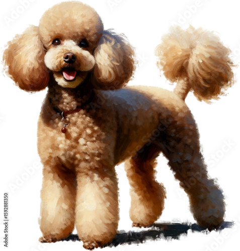 Smiling Poodle: A charming poodle stands with its expressive eyes, exuding a playful and joyful essence, captivating the viewer with its elegant pose.