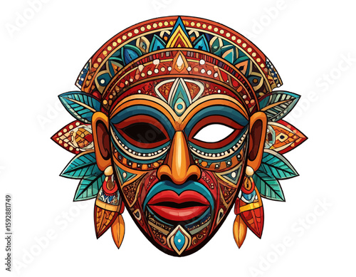 Illustration of a colorful tribal mask with intricate details and asymmetric eye openings design element