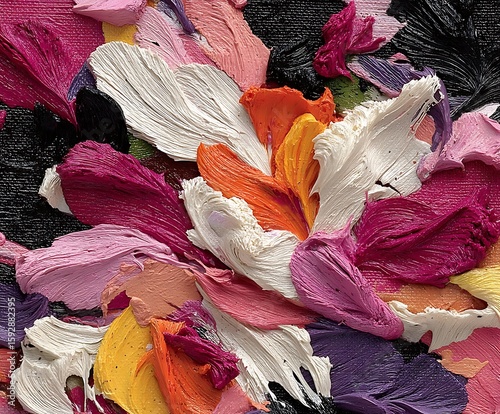 a close up shot captures a textured surface covered in thick, sculpted strokes of paint