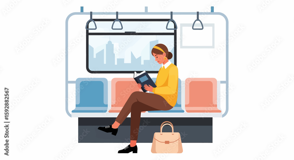 Adobe illustrator vector flat style illustration of a woman reading a book while sitting on a train or subway Adobe illustrator vector flat style illustration of a woman reading a book while sitting on a train or subway