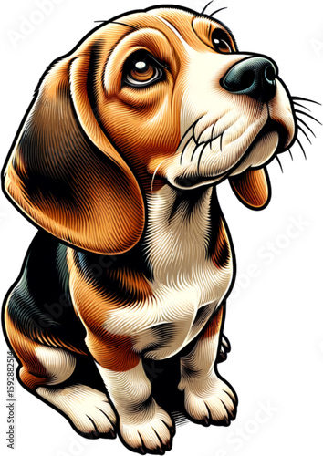 Beagle puppy: This enchanting illustration showcases a charming beagle puppy with soulful eyes and distinctive tri-color coat, expressing an aura of innocence, curiosity, and pure affection.