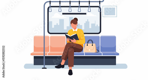 Adobe illustrator vector flat style illustration of a woman reading a book while sitting on a train or subway