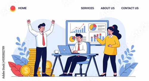 Adobe illustrator vector flat style illustration of landing page of business success with a triumphant team, growth charts, and money stacks