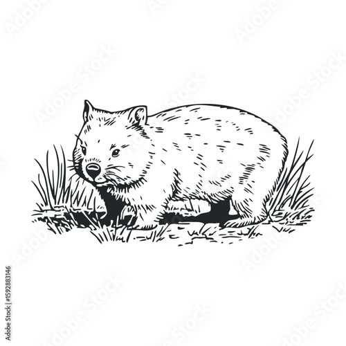 Wombat in grassland looking for food in its natural habitat