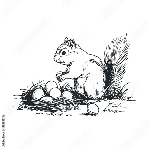 Squirrel gathering eggs in a nest during spring season