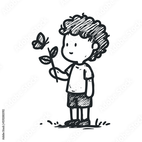 Joyful child holding a butterfly in a garden setting