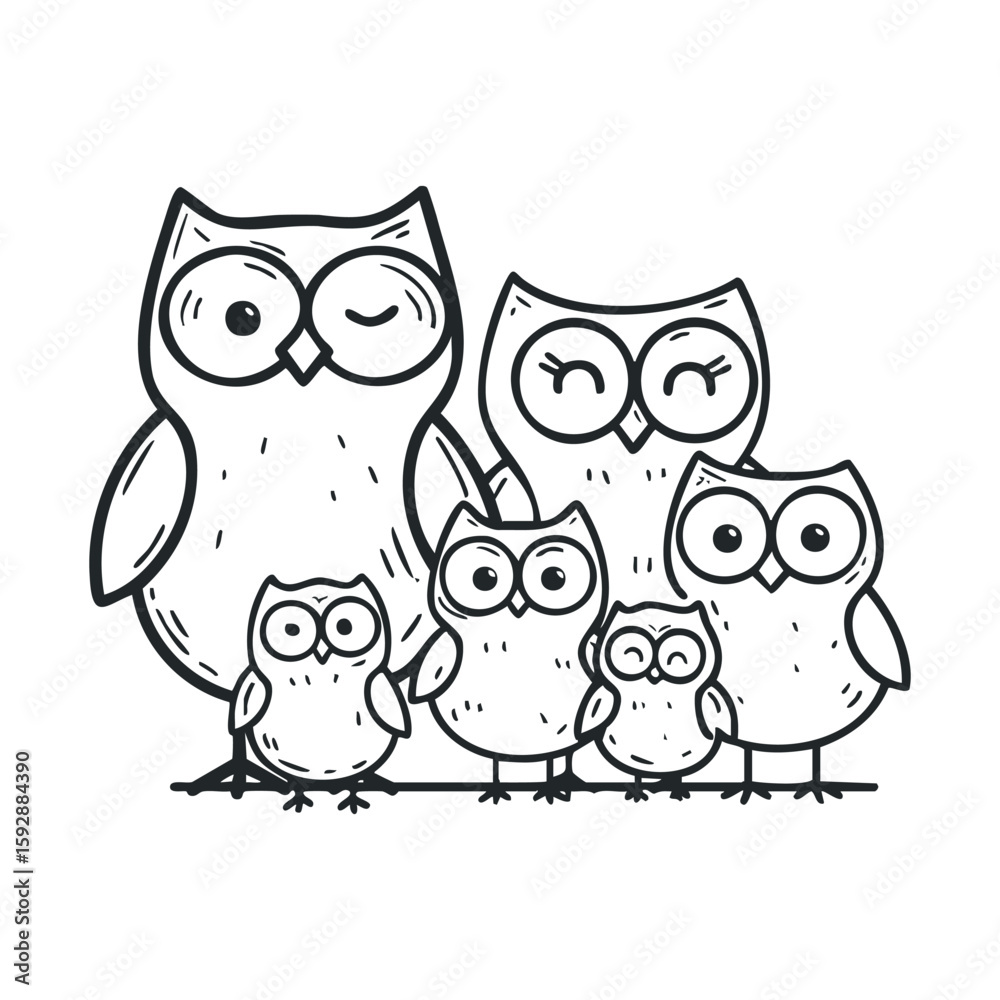 Fototapeta premium Family of owls gathered together, celebrating nature