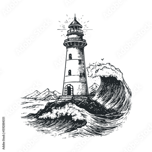 Guiding light during turbulent sea with a historic lighthouse