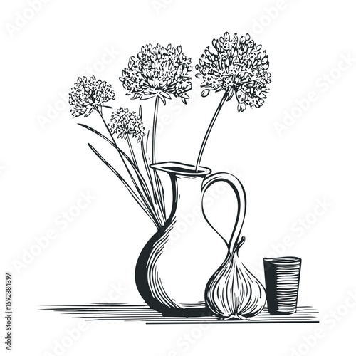 Elegant kitchen still life with pitcher, flowers, and garlic