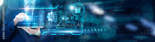 Photos Digital Archivist using tablet analyzing Digitization OCR accuracy rates and metadata tagging completeness, legacy format migration success dashboards