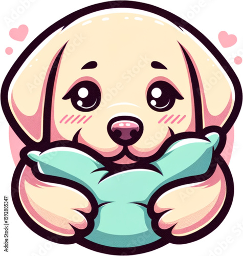 Adorable Pup with Pillow: A charming cartoon depiction of a sweet pup cuddling a pillow with hearts around it, creating a heartwarming scene of love and comfort.