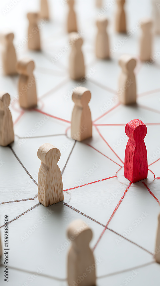 Obraz premium Wooden figures connected by red lines people connection