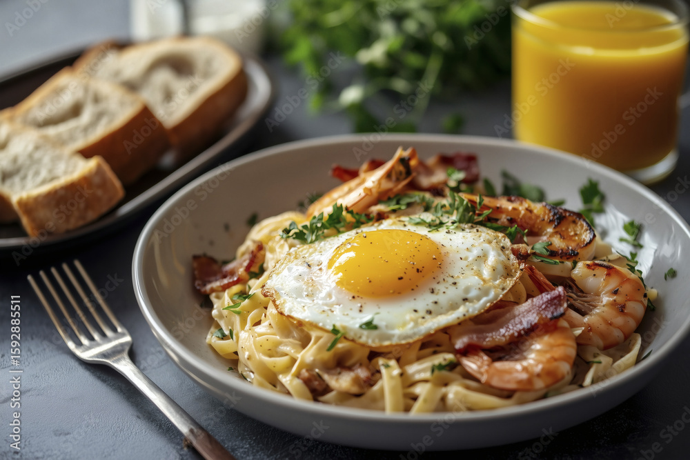 Fototapeta premium Pasta with Shrimp, Bacon and a Fried Egg