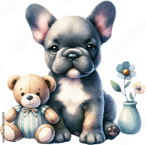 Adorable Puppy with Teddy Bear: A charming watercolor illustration presents an endearing puppy, accompanied by a cuddly teddy bear, evoking warmth and innocence.
