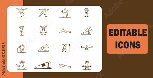 Collection of minimalist exercise and workout editable icons in a modern vector style