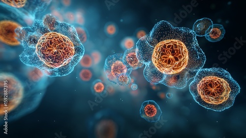 A vibrant, glowing blue sphere of microscopic life, illustrating DNA and a virus amidst cells and bacteria in a watery texture